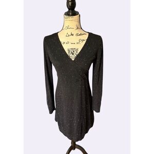 LOFT Sweater Dress Women XS Black White Speckled Faux Wrap V-Neck Knit
